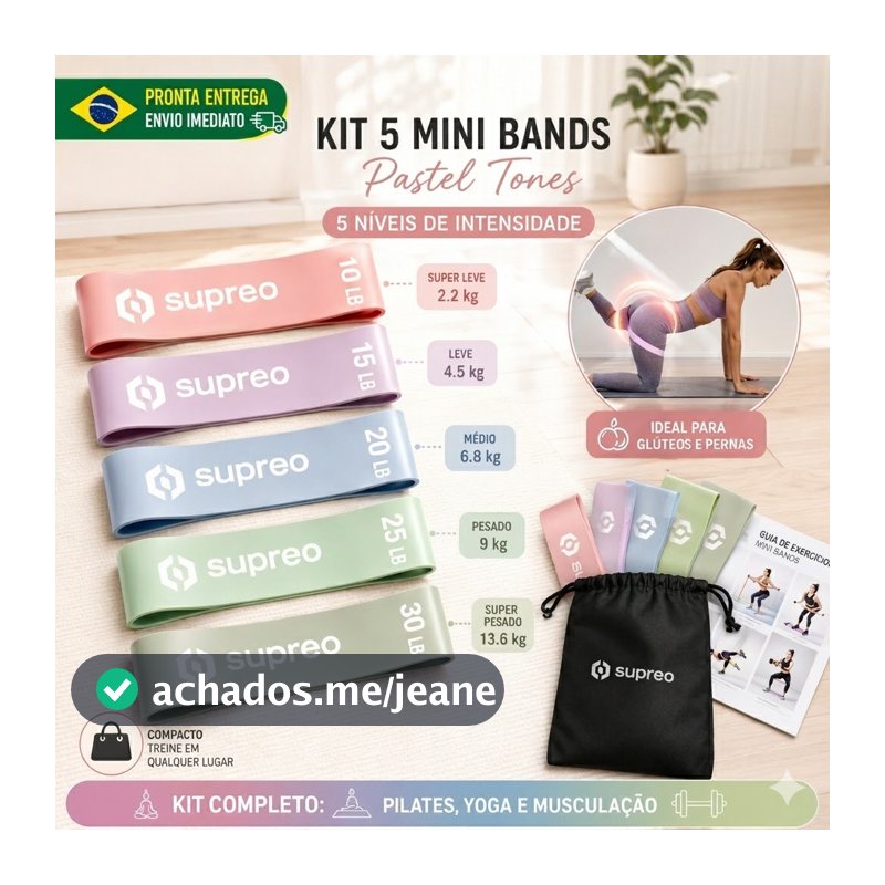 Kit 5 Mini Bands Tons Pastéis Elástico Treino Em Casa Glúteos Pernas 5 Níveis Pilates Yoga Fisioterapia Com Bolsa