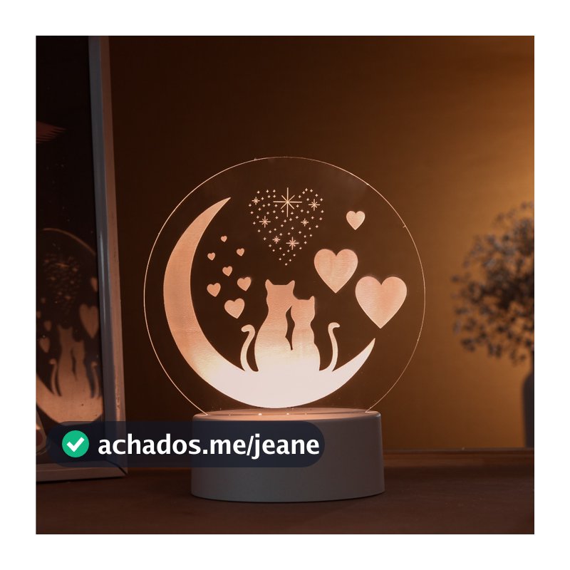 Luminária LED 3D de Mesa / Luz Noturna / Presente Criativo - gatos na lua, animais, pets, amor