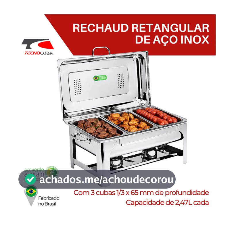 Rechaud Retangular De Aço Inox 3 Cubas 1/3x65mm Profissional