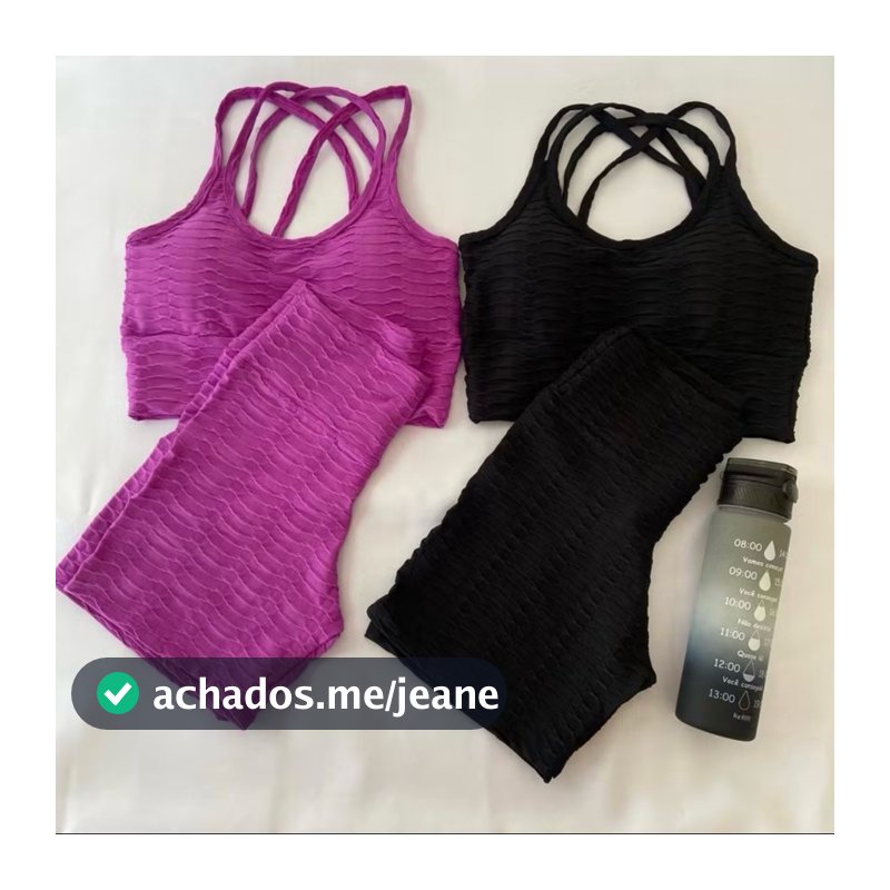 Kit 2 Conjuntos Fitness Feminino Brocado Bolha Top e Short Academia Treino Corrida Disfarça Celulite Sem Transparência