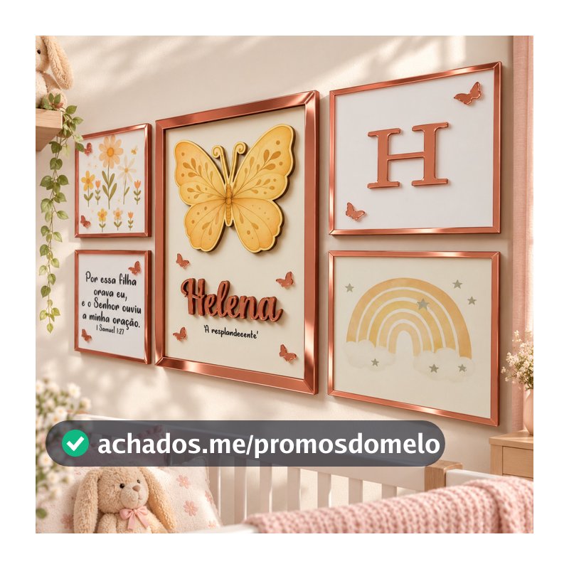 Kit 5 Quadros Decorativos Tema Borboleta com Nome e Versículo - Decoração Quarto Bebê Menina