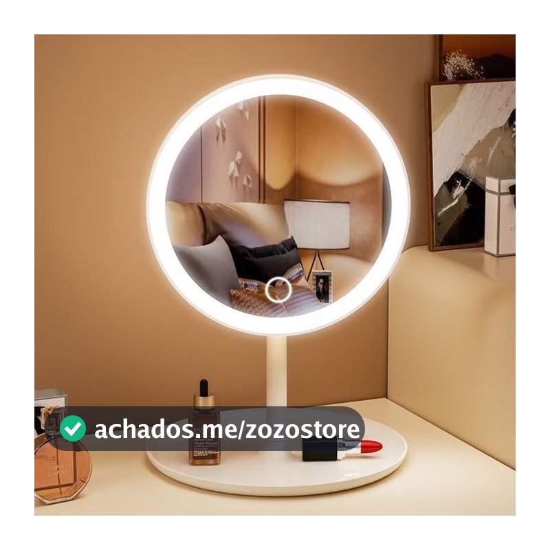 Espelho LED de Mesa com Bandeja Porta Maquiagem Luz 3 Cores Ajustável Touch USB