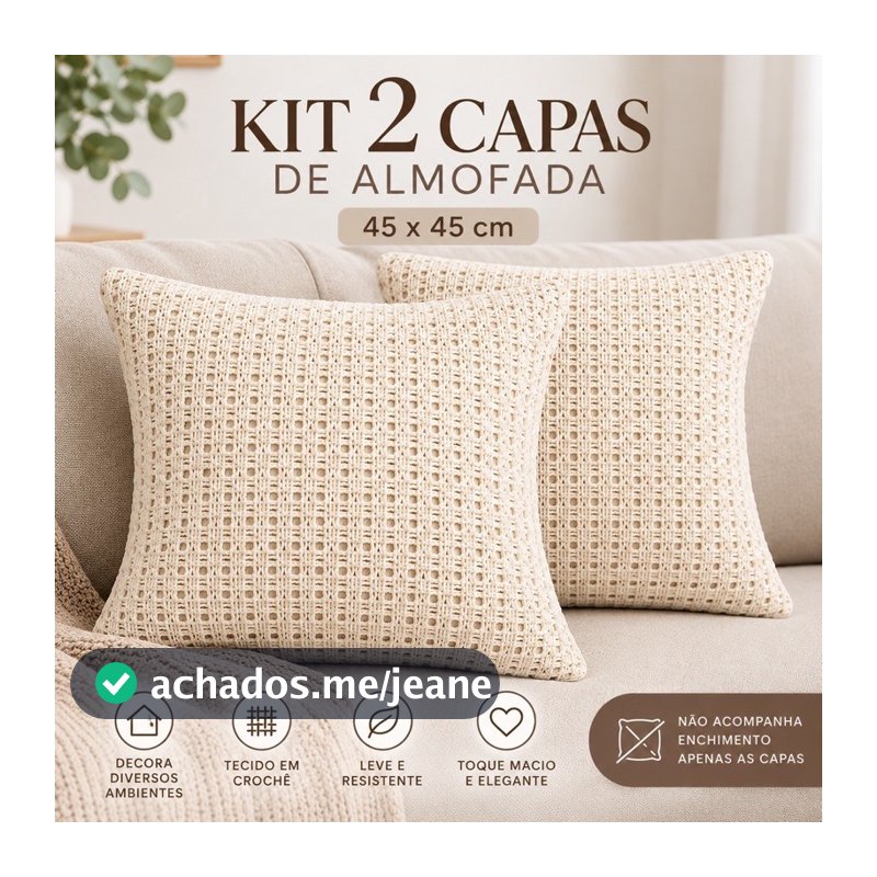 Kit 2 Capas de Almofada Crochê Tricô Vazado 45x45cm Decorativa Para Sofá Cama Sala