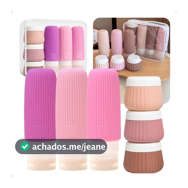 Kit Frascos e Potes Viagem Silicone Condicionador Shampoo Creme Cosméticos