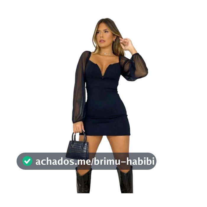 Vestido Malha Crepe V Manga Longa Tule  Bufante Com Bojo Feminino Colado