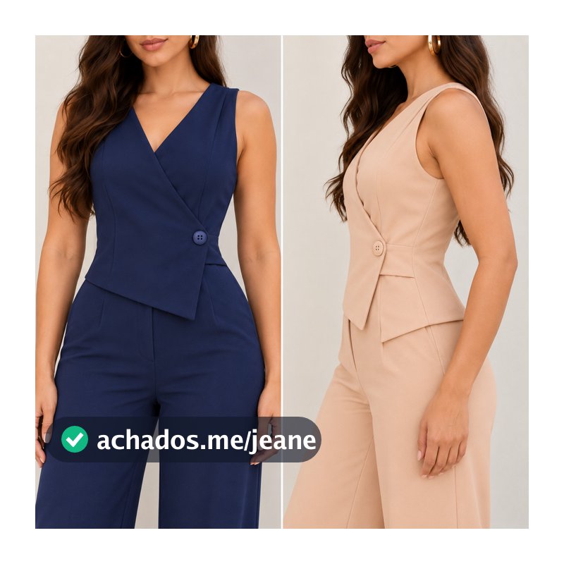 Macacão Feminino Longo Alfaiataria Pantalona Executivo Elegante Acinturado Decote V Sem Manga Transpassado Botão Frontal