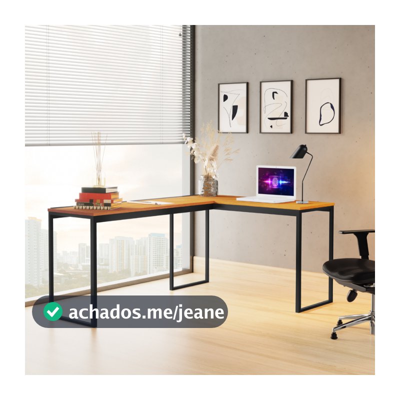 Mesa Escritório em L Escrivaninha Industrial de canto Premium com Base Aço Preto Acabamento Moderno