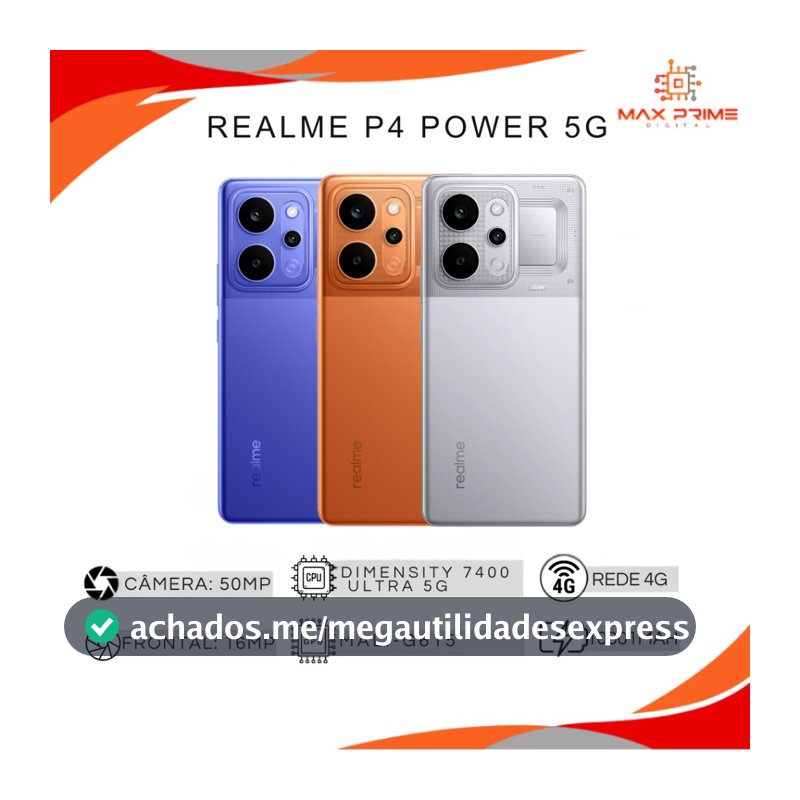Realme P4 Power 5G, Versão Global, 256/512GB com 8/12GB RAM, Processador  Dimensity 7400 Ultra, Bateria 10001mAh