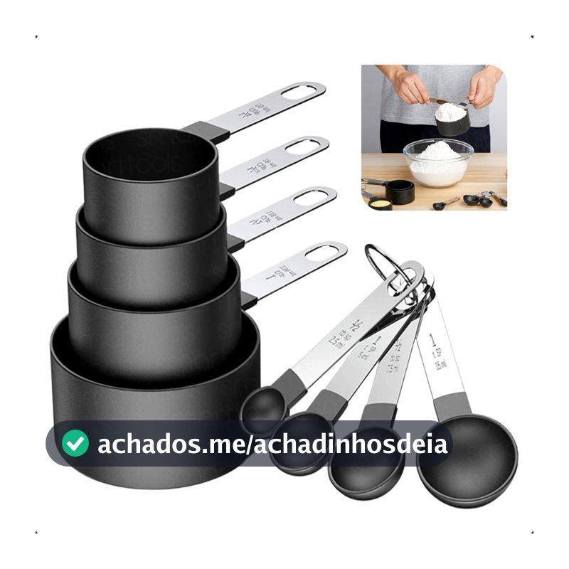 Conjunto Colher Xicaras Medidoras Com 8 Peças Inox Prático Colher Medidora Cozinha Alimentos