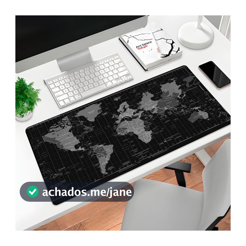 Mousepad Gamer P/ Desktop Estampa Mapa Mundi 70X35CM Preto