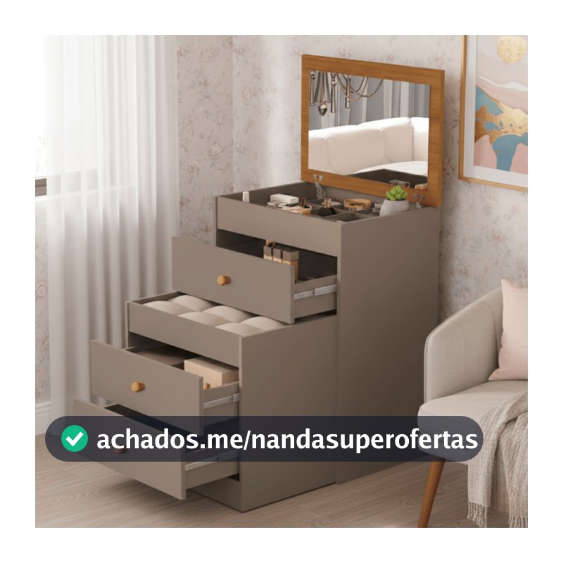 Penteadeira Comoda com Espelho Camarim Gavetas e Banqueta para Quarto Estudio