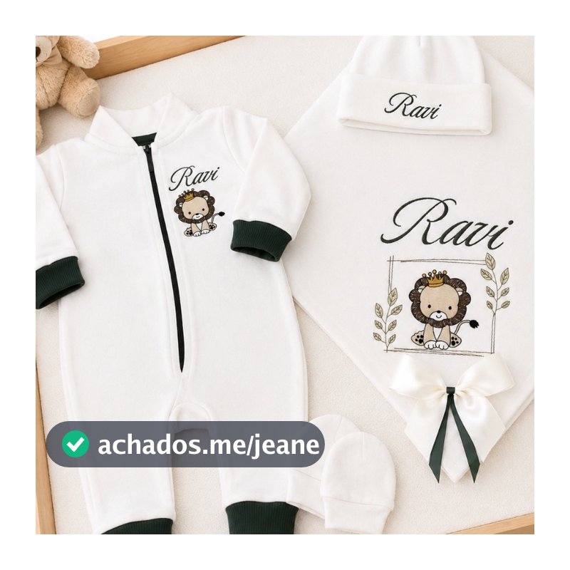 Saída Maternidade Menino Kit Leão Nome Bordado Personalizado Algodão