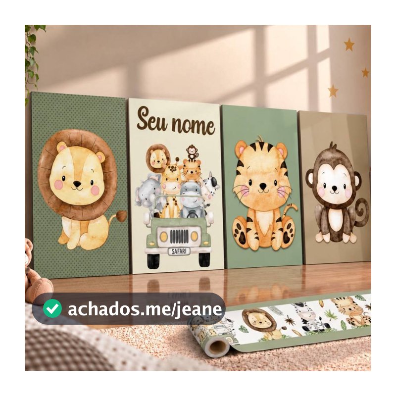 Kit Quadros Decorativos Safari Baby Personalizado Com Nome + Faixa Adesiva de Parede