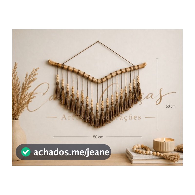 Painel de Parede Boho Artesanal – Macramê com Madeira e Franjas, arte decoração boho