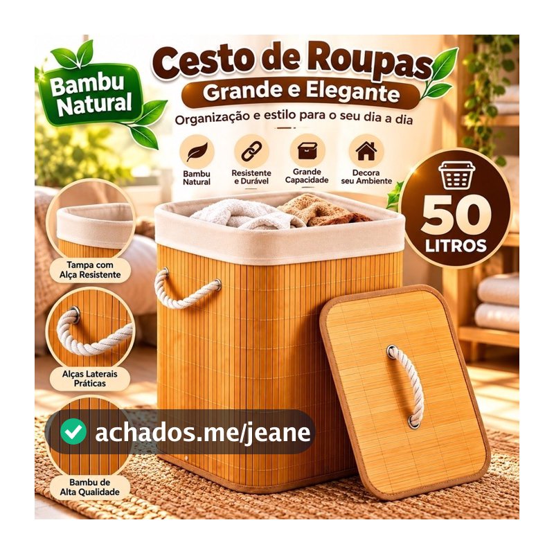 Cesto de Roupas Grande Bambu Natural Organizador 50 Litros