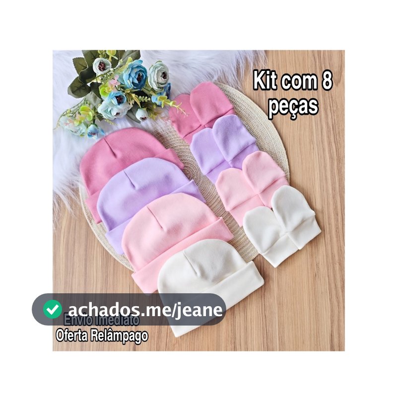 Kit 4 Touca e 4 Luva Para Bebê Recém Nascido 100% Algodão Antialérgico Maternidade Enxoval Gestante