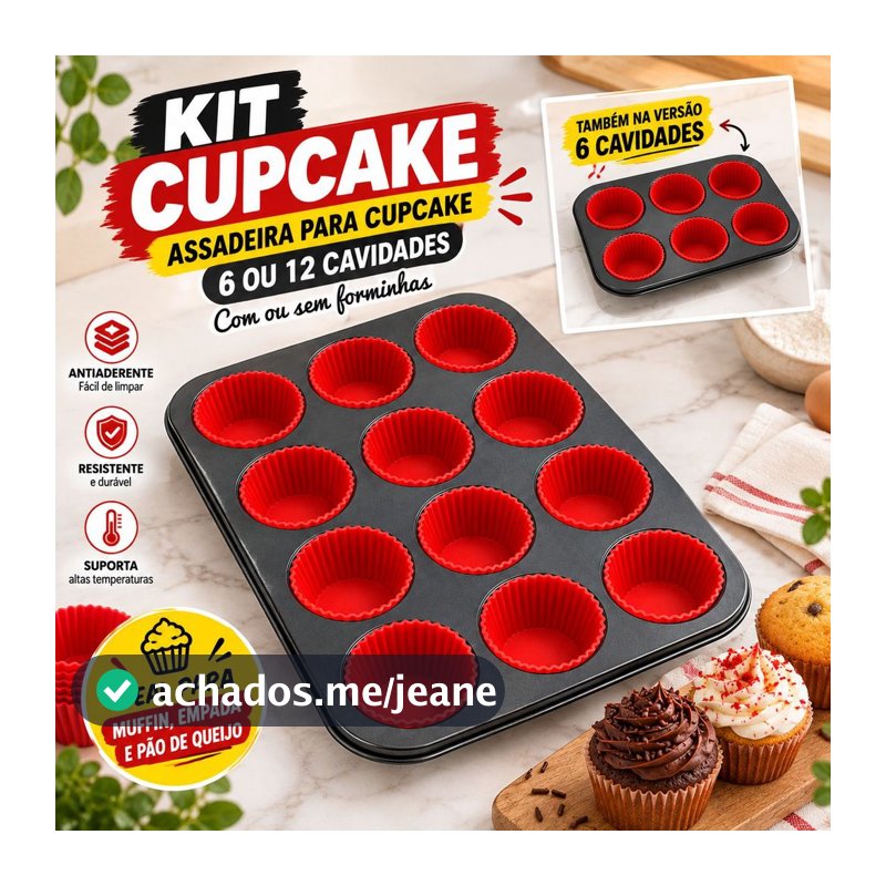 Kit Assadeira para Cupcake 6 ou 12 Cavidades Antiaderente com ou sem Forminhas Silicone Muffin Empada Pão de Queijo