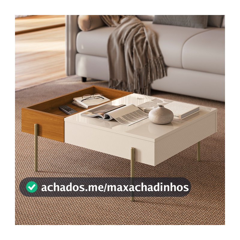 Mesa de Centro 84cm Compacta Para Sala Com Bandeja Integrada e Pés Metálicos Leme