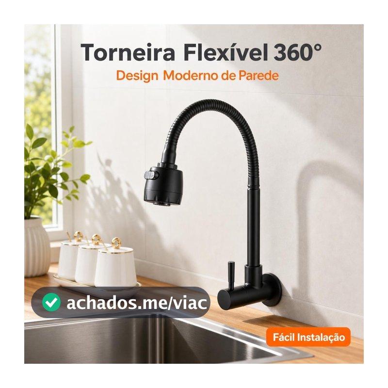 Torneira Inox  Prata/Preto Com Chuveiro Com Rotação De 360° Cozinha Luxo Parede Promoção