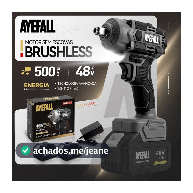 Chave De Impacto Sem Escovas 500Nm 48V Sem Fio 1/2 Pol Com 2 Baterias E Carregador Para Mecânica Automotiva