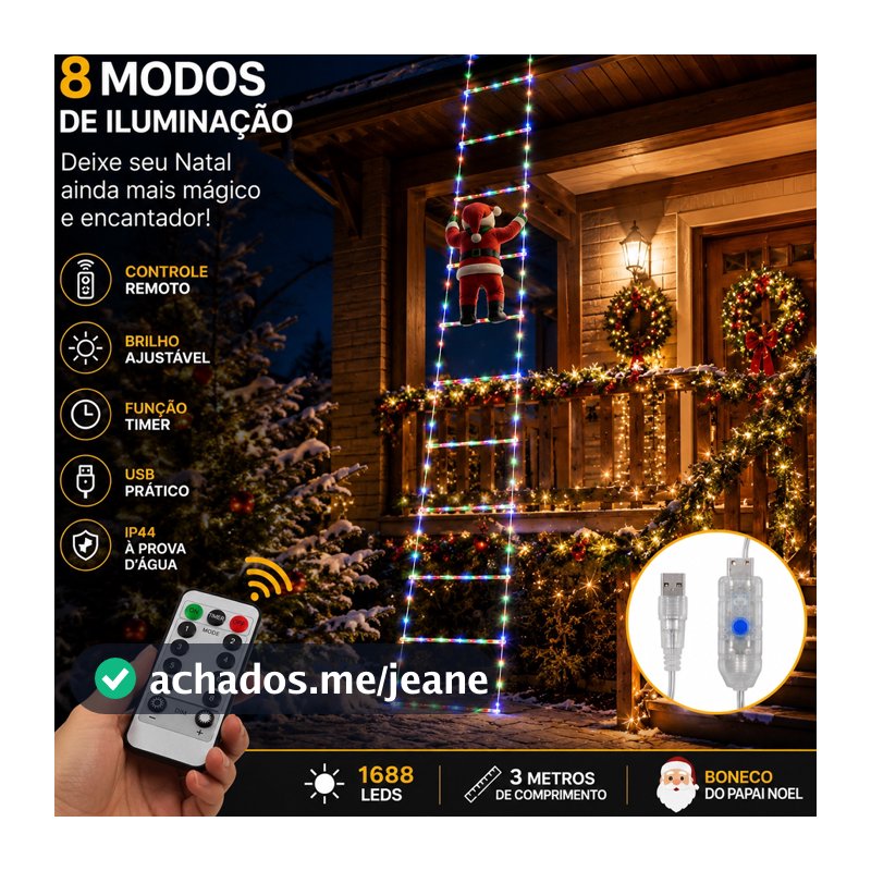 LED de Papai Noel Luzes Subindo Escadas RGB 3,00 Metros 3 Opções de Cores