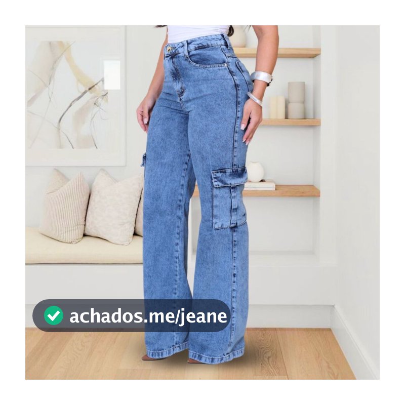Calça Cargo Wide Leg Jeans Feminina Pantalona Cintura Alta Marmorizada 100% bolsos Tecido Grosso