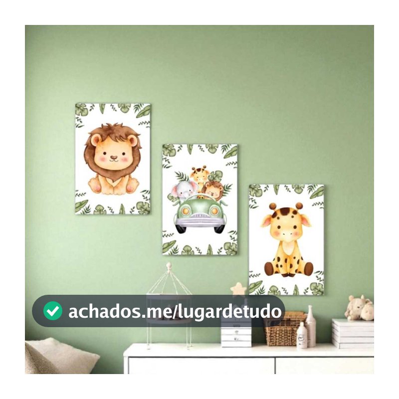 Kit 3 Quadros Decorativos Safari Infantil Menino Fofo para Quarto Baby Infantil Simples