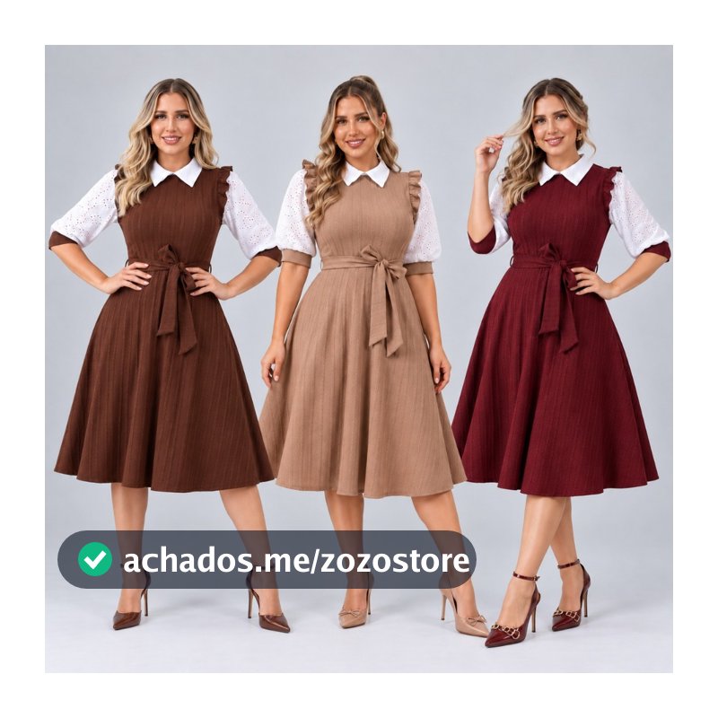 Vestido Midi Rodado Babado no Ombro Gola Flat Manga Princesa 3/4 Laço Cintura Moda Evangélica Brasil