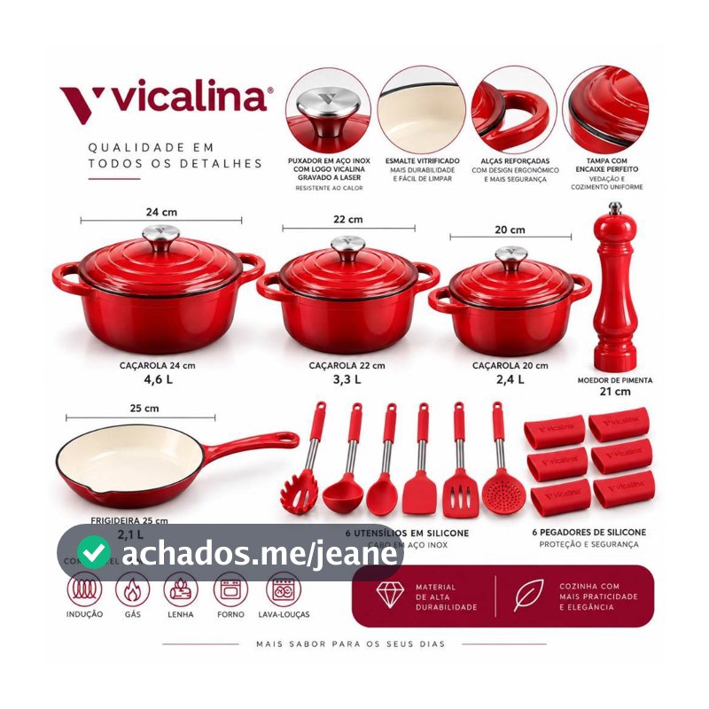 Jogo kit de panelas ferro fundido esmaltadas vitrificadas Vicalina 20 peças