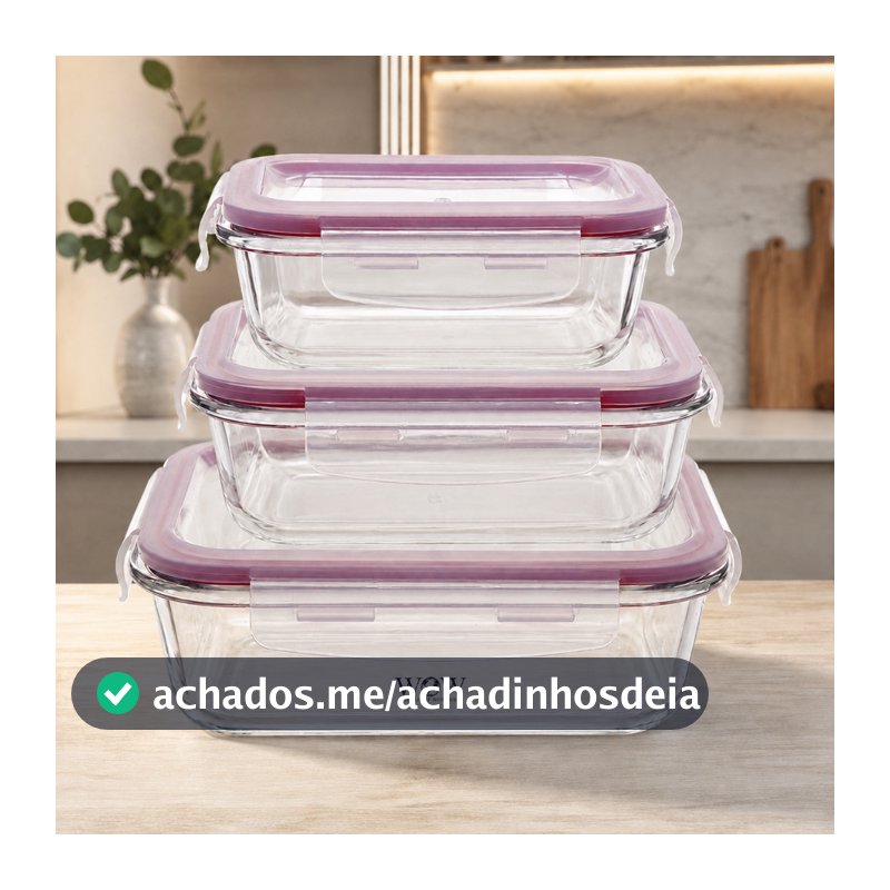 Kit 3 Potes De Vidro Herméticos com Trava para Alimentos Refratário