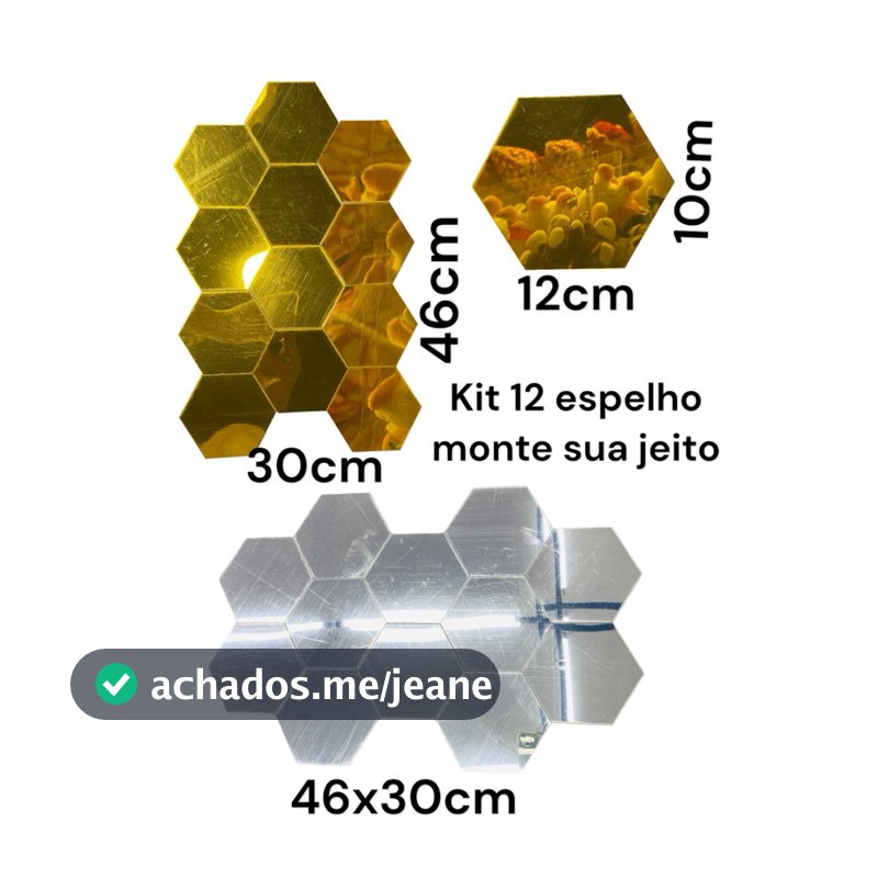 Espelho Hexagonal Dourado Decorativo Em Acrílico KIT COM 12 Peças medindo 12 cm x 10,5 cm