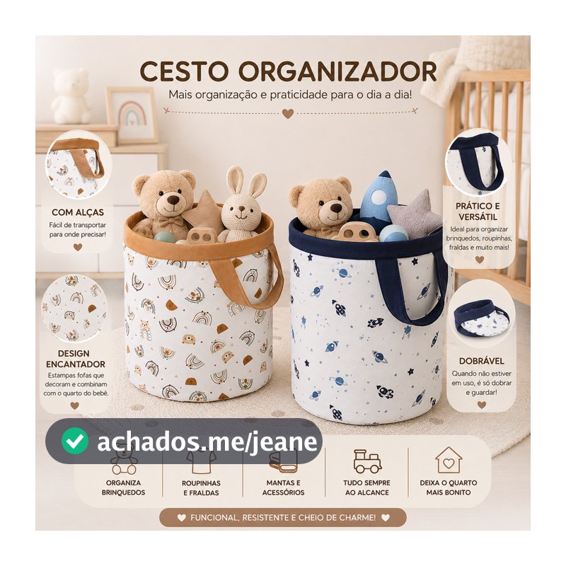 Cesto Organizador Brinquedos ou Roupas em Tecido 100% Algodão 35Cm Menino Varias Estampas