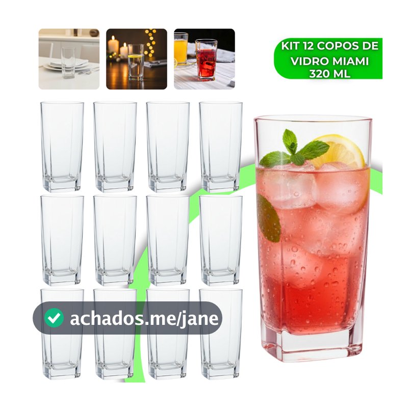 Jogo 12 Copos Miami 320ml Vidro Grosso Moderno Luxo Elegante Quadrado Alto Texas Bali Água Drink