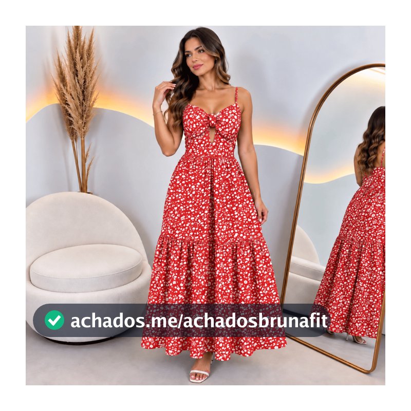 Vestido Feminino Longo Floral Crepe com Bojo Alça Regulável Abertura Elegante Pimenta Rosa