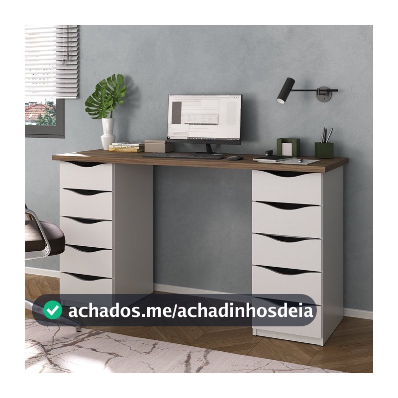 Escrivaninha Mesa Escritório Minimalista com Due 10 Gavetas 136cm Nogal e Branco Artany Nogal/Branco