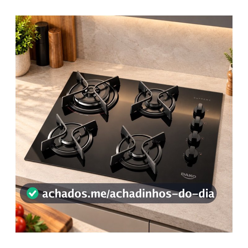 Cooktop Dako Supreme 4 Bocas a Gás Mesa de Vidro Preto Tripla Chama Bivolt