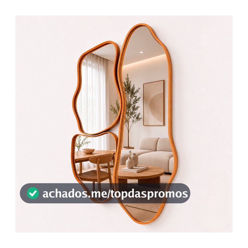 Espelhos Assimétricos Slim Decorativos Amadeirados Orgânicos Cinamomo c/ Suporte 100cm 60cm 40cm