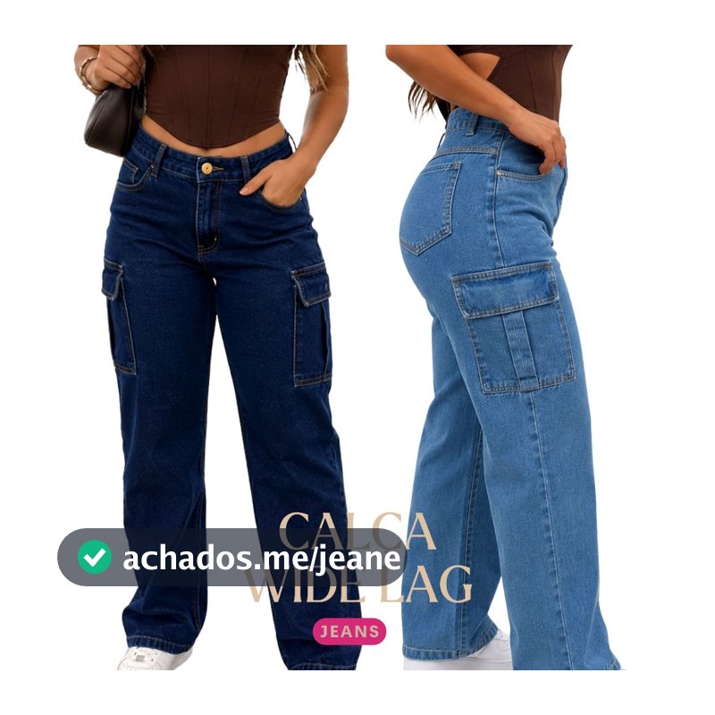 Calça Jeans Wide Leg Cargo Feminina Cintura Alta Com Bolso Lateral Calça Wide Leg 38 ao 46 Moda Plus