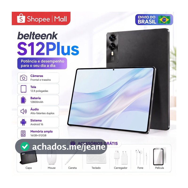 Tablet  belteenk S12 Plus Android Tela Grande 12.8 FHD 16GB+512GB WiFi Uso Trabalho Estudo 12800mAh