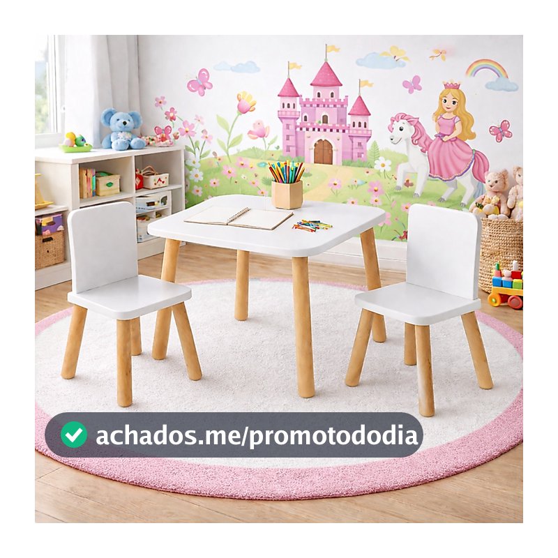 Mesa Infantil 60x60 MDF Com 2 Cadeiras Branca Pés Madeira Criança Resistente Educativo