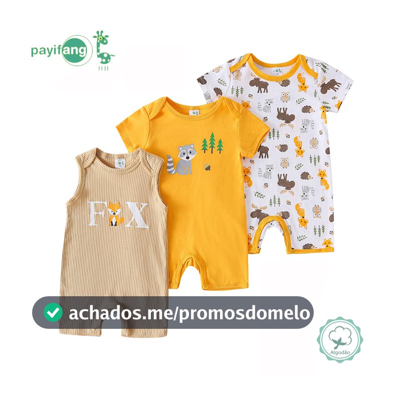 Kit 3 bodies unissex manga curta bebê 0-18M, 100% algodão, diversos modelos, tecido macio e confortável para uso diário