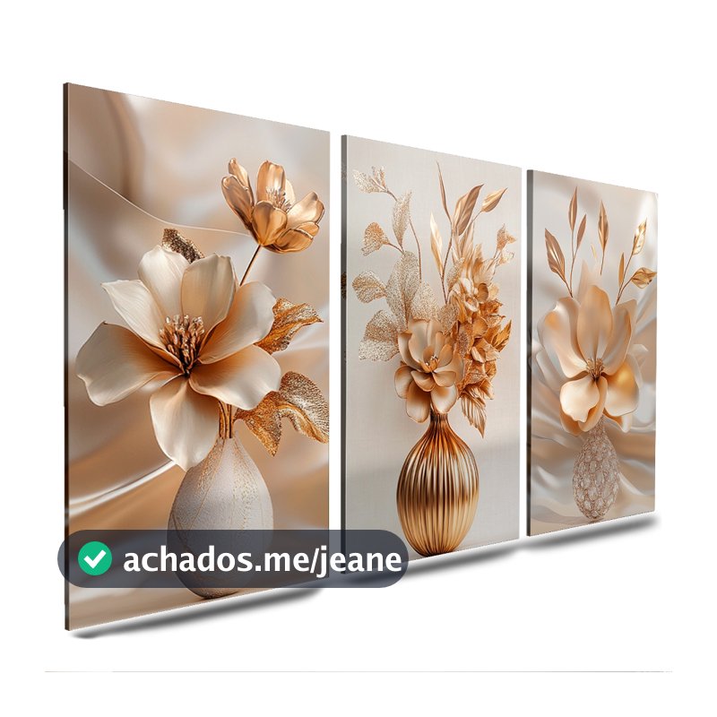 Kit de quadros para decoração de ambientes vasos de flores e brancas e beges luxo 3 peças (V.B)