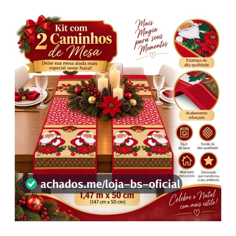 Kit 2 ou 1 Caminho de Mesa Natalinos Estampados – Decoração de Natal para Mesa Posta Elegante