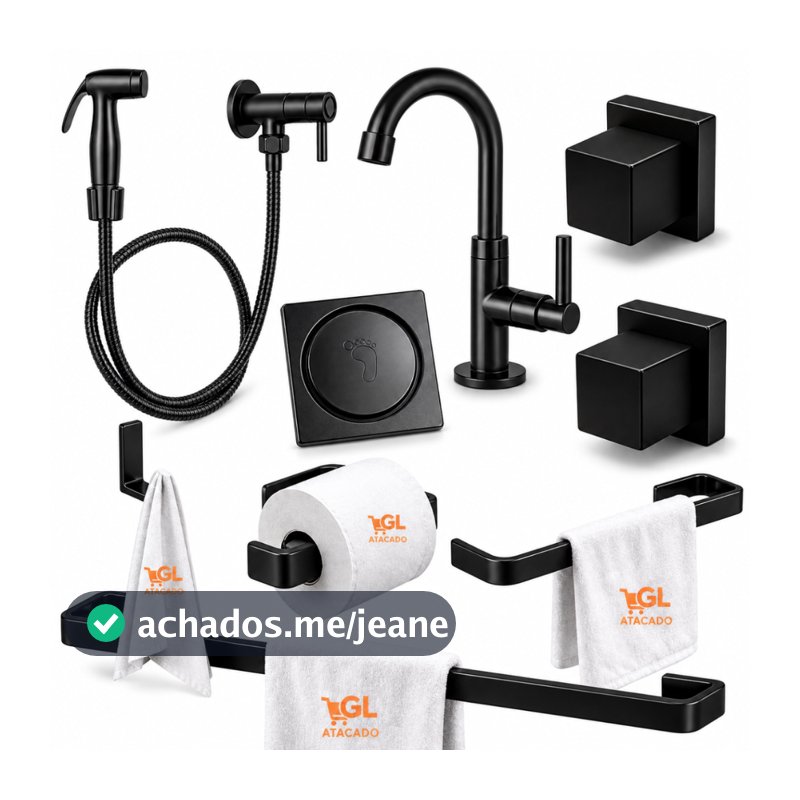 Kit Banheiro Completo Preto Luxo Torneira Ducha Higiênica Porta Toalha Papeleira Ralo Acessórios Premium