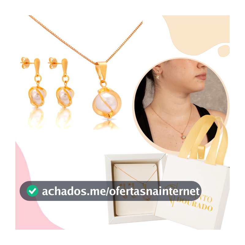Conjunto Brincos + Colar Corrente Moda Feminina Banhado a Ouro Festa