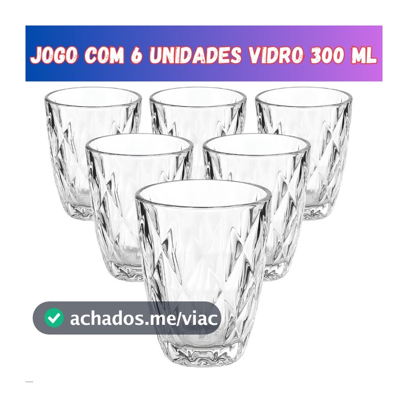Jogo 6 Copos Baixos Diamond 300ml Vidro Grosso Diamante Luxo