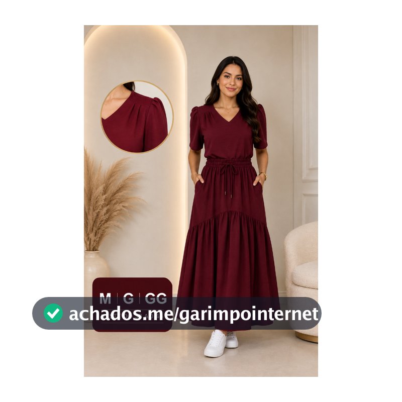 Conjunto Feminino Saia Longa com bolso e blusa Decote V manga curta com pregas moda Social, evangélico.