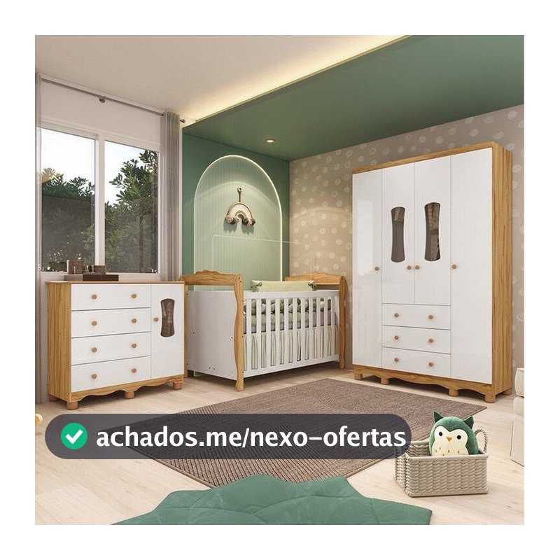 Quarto de Bebê Completo Berço 3 em 1, Cômoda, Guarda Roupa MDF Aurora Espresso Móveis Branco/Amêndoa Branco