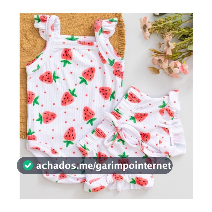 Conjunto Bebê Verão Fresquinho Menina Body e Tapa Fralda Infantil Babado com Estampa de Morango