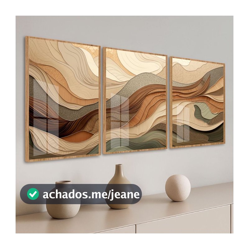 Quadro Moldura e Vidro Kit Três Peças Abstrato Luxo Tons Terrosos Decoração Quarto Sala Escritório